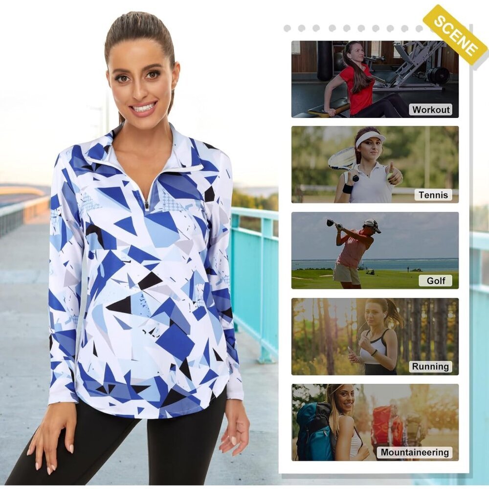 Women’s Long Sleeve Golf Tennis Polo Shirt Half Zip Breathable Workout Top - Picture 4 of 7